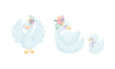 Beautiful White Swan or Goose with Floral Adornment Vector Set