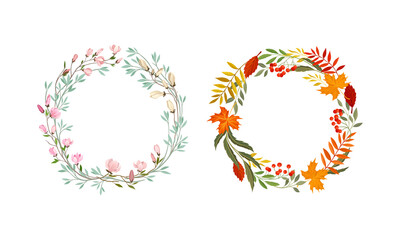 Obraz premium Wreath of Blooming Flower Branch and Foliage as Nature Vector Composition Set