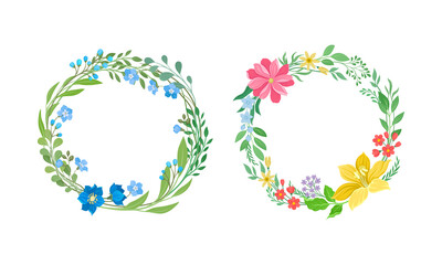 Wreath of Blooming Flower Branch and Foliage as Nature Vector Composition Set