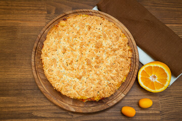 grated pie with fruit filling. Homemade baking concept. View from above