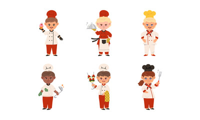 Smiling Kids Wearing Colorful Toques and Aprons Cooking Vector Set