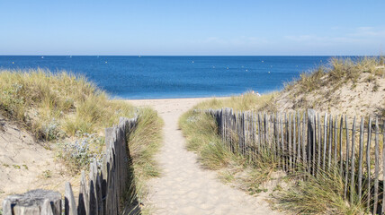 Coast access sandy sea patway fence to ocean beach atlantic coast panoramic at Cap-Ferret in France