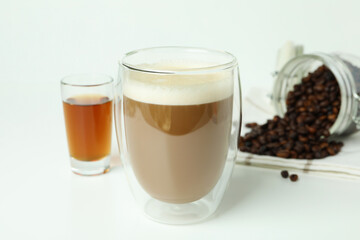 Concept of making Irish coffee on white background