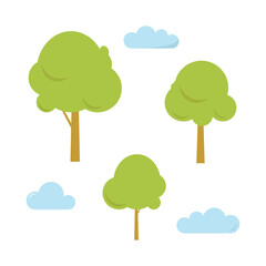 Set of three trees with shadows. Clouds. Spring. Summer. Vector illustration 8 eps