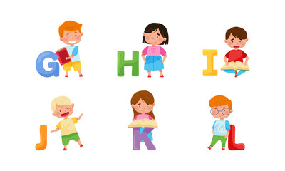 Cheerful Kids Standing with Big Alphabet Letters Vector Set