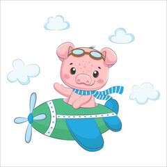 Cute baby piggy is flying on a plane. Cartoon vector illustration.