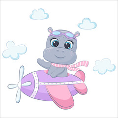 Cute baby hippo flying on a plane. Cartoon vector illustration.