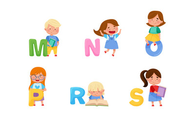 Cheerful Kids Standing with Big Alphabet Letters Vector Set