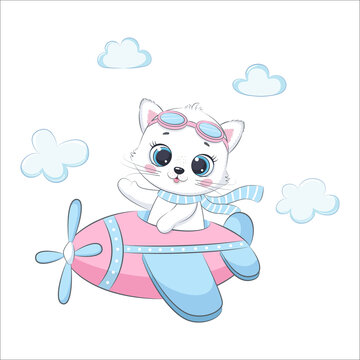 Cute baby kitten is flying on a plane. Cartoon vector illustration.