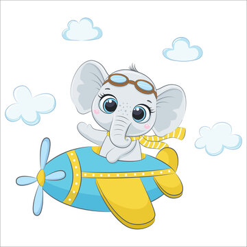 Cute baby elephant is flying on a plane. Cartoon vector illustration.