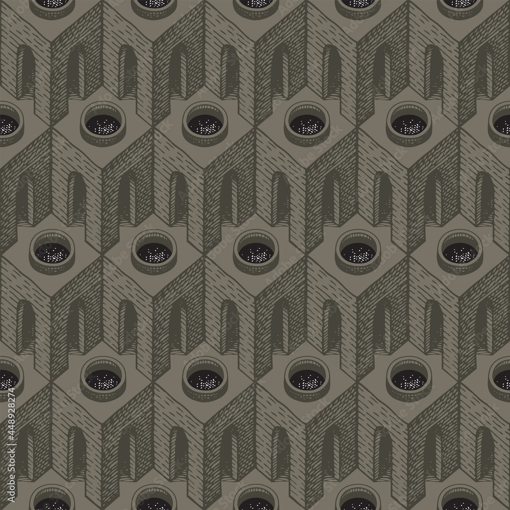 Poster seamless pattern with hand-drawn architectural elements. vector background with 3d cubic elements, a