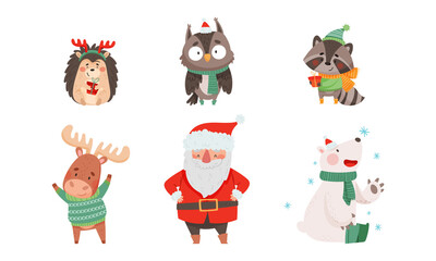 Christmas Characters with Animals Wearing Knitted Scarf and Sweater and Santa Claus Vector Set