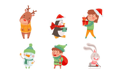 Christmas Characters with Animals Wearing Knitted Scarf and Sweater Vector Set