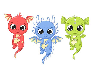 Cute dragons are flying. Cartoon vector illustration.