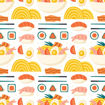 Sushi, Salmon, Rice, Shrimp, Nori, Ramen, Roll, Egg, Bacon, Egg, Lemongrass. Asian Food Delivery. Seamless Pattern, Texture, Background. Packaging Design, Wrapping Paper. Editable Background Color.