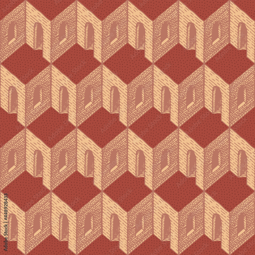 Poster vector seamless pattern with many identical rooms with red flat roofs. abstract geometric background