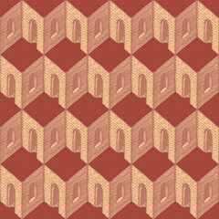 Vector naadloos patroon met veel identieke kamers met rode platte daken. Abstracte geometrische achtergrond, behang, inpakpapier, vloeren met handgetekende 3D architecturale elementen in de op-art stijl