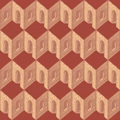 Printed roller blinds 3D Vector seamless pattern with many identical rooms with red flat roofs. Abstract geometric background, wallpaper, wrapping paper, flooring with hand-drawn 3D architectural elements in the op-art style