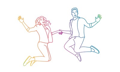 Happy jumping man and woman.