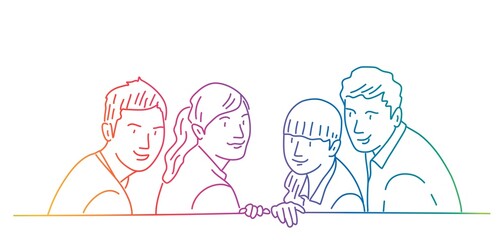 Group of students, friends turning round.