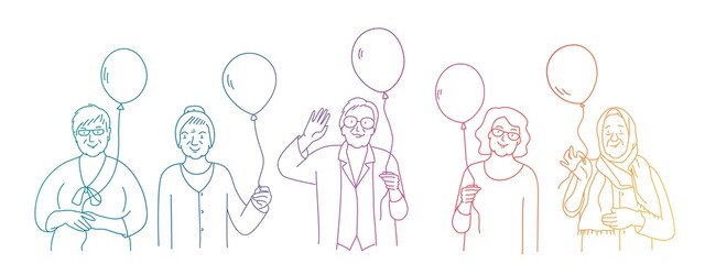 Group of elderly women with balloons greet.