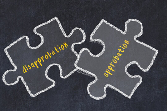 Ploblem solving. Chalk sketch of two puzzles with words disapprobation and approbation