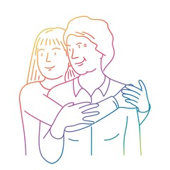 Young girl hugs an elderly woman. Rainbow color.