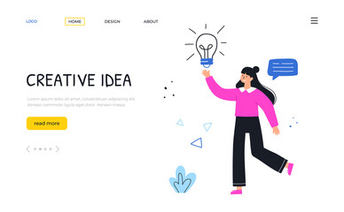 Creative idea. Woman with lamp in hand. Landing page template. Hand drawn vector illustration.