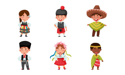 Obraz na płótnie Canvas Kids Wearing National Costumes of Different Countries Vector Illustration Set