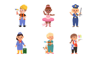 Cheerful Children Depicting Different Professions Like Ballerina and Waiter Vector Set