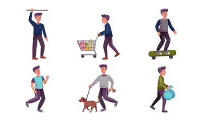 Fototapeta na wymiar Young Man Running, Walking the Dog and Doing Shopping Vector Illustration Set