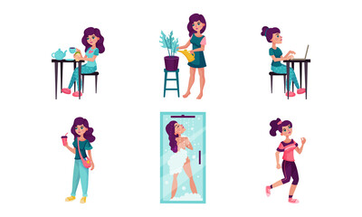 Young Woman Running, Taking Shower and Sitting at Laptop Vector Illustration Set