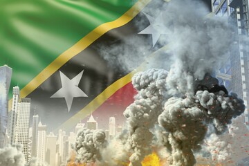 huge smoke pillar with fire in abstract city - concept of industrial blast or act of terror on Saint Kitts and Nevis flag background, industrial 3D illustration