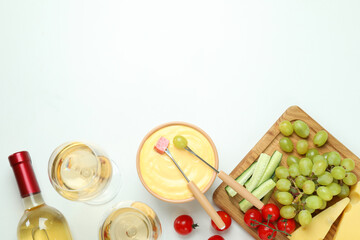 Concept of delicious food with fondue on white background