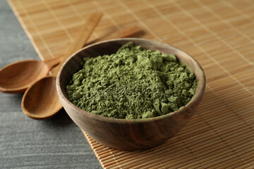 Concept of japanese tea with matcha on gray wooden table