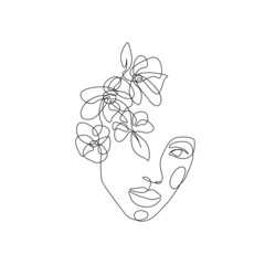 Woman Face One Line Drawing with Flowers. Continuous Linear Floral Art in Minimalist Elegant Style for Wall Décor, Prints, Tattoos, Posters, Postcards, etc. Beautiful Woman Face  Abstract Vector Art.