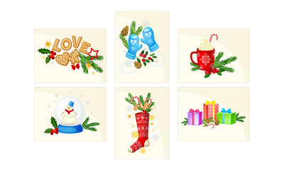 Merry Christmas and Happy Holidays Cards with Fir Tree Branch and Gifts Vector Set