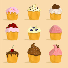 set Illustration cake muffin frosting cute sugar birthday sweet
