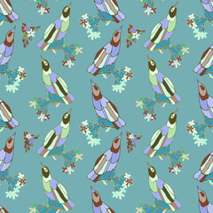 Seamless vector design with cute decorative birds with autumn leaves in pastel tones