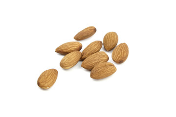 Almond nuts isolated on white background. Heap of scattered almonds