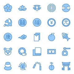 Filled blue outline icons for chinese culture.