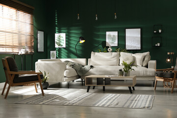 Modern living room interior with stylish comfortable sofa