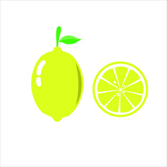Whole lemon with green leaf and slice lemon. Vector illustration isolated on white background
