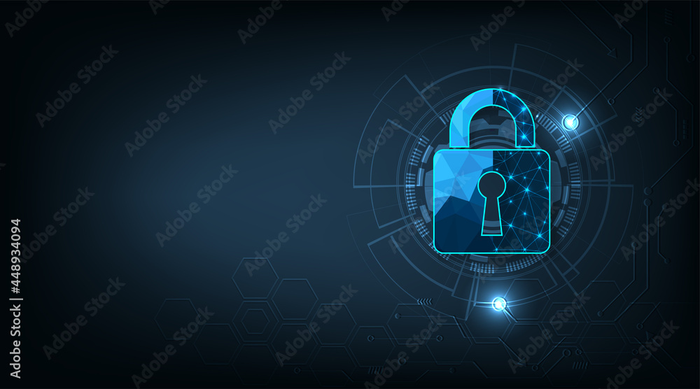 Poster Internet security concept.Security Padlock lock  icon on dark blue background.Technology for online data access defense against hacker and virus.Technology security concept. 