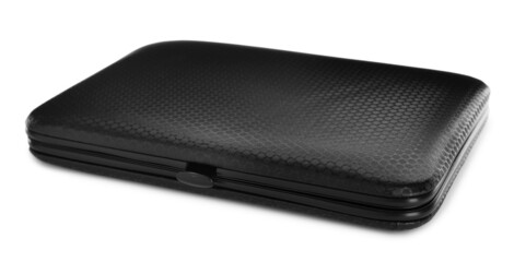 Stylish case with manicure set isolated on white