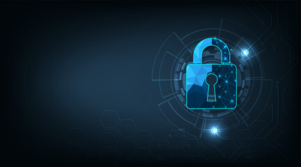 Internet security concept.Security Padlock lock  icon on dark blue background.Technology for online data access defense against hacker and virus.Technology security concept. 
