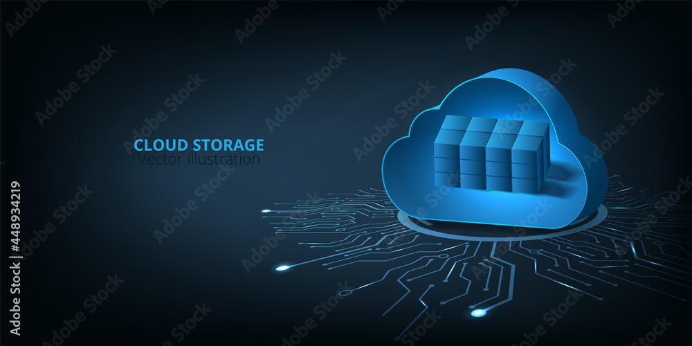 Poster Cloud storage concept.Visualization Cloud storage with data protected exchange  Cloud computing, big data center, on dark blue background.