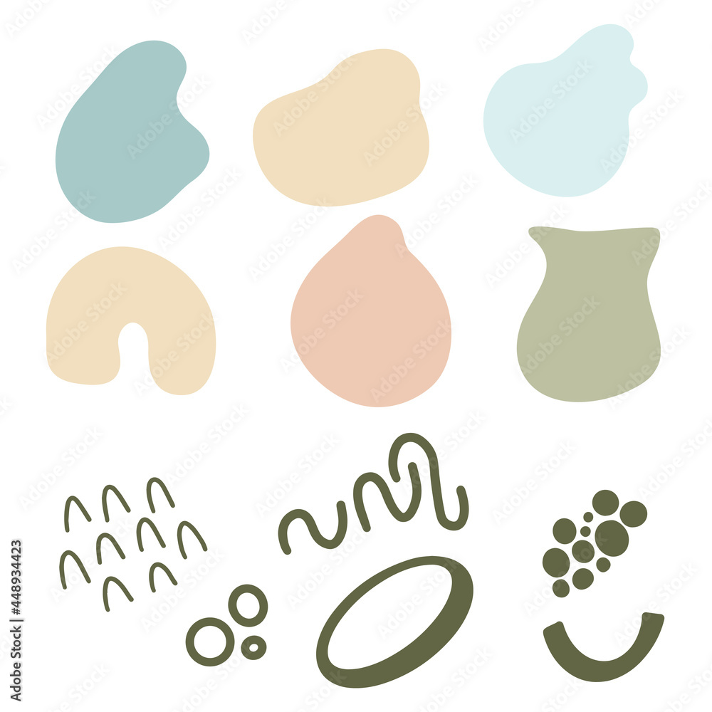 Poster set of hand drawn colorful shapes and doodle objects - circles, lines, arcs. vector illustration wit