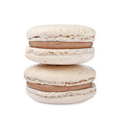 Beige macarons on white background. Delicious dessert