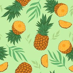 Seamless pattern with pineapples and leaves. Vector graphics.